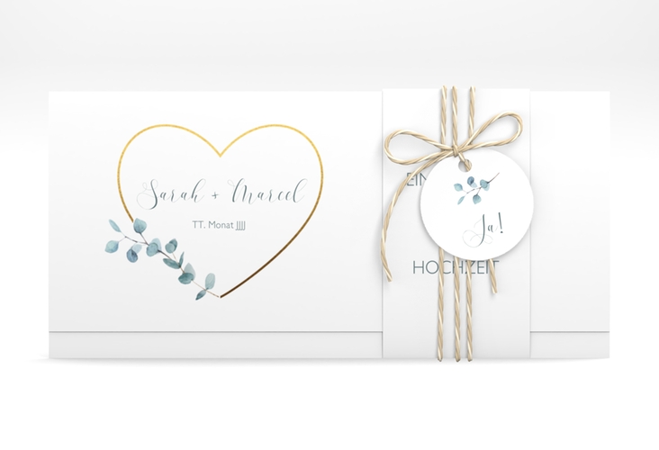 Hochzeitseinladung Greenheart Wickelfalzkarte + Banderole gold hochglanz mit elegantem Herz und Eukalyptus-Zweig