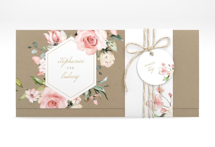 Hochzeitseinladung Graceful Wickelfalzkarte + Banderole mit Rosenblüten in Rosa und Weiß