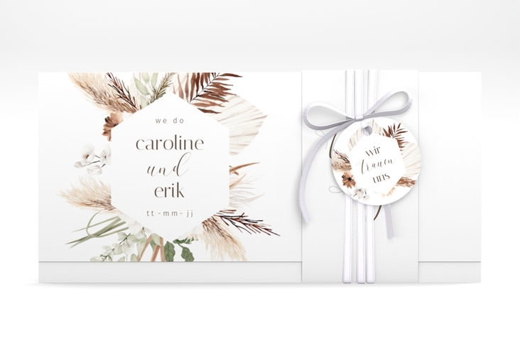 Hochzeitseinladung Bohemian Wickelfalzkarte + Banderole weiss