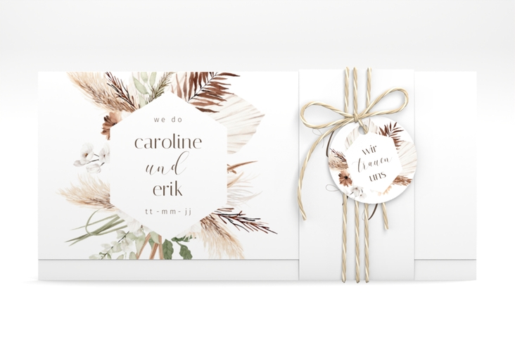 Hochzeitseinladung Bohemian Wickelfalzkarte + Banderole weiss