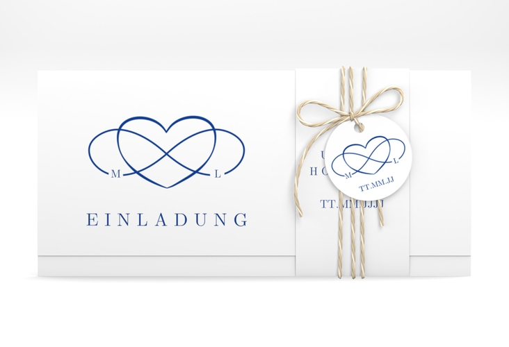 Hochzeitseinladung Infinity Wickelfalzkarte + Banderole blau hochglanz