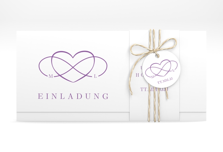 Hochzeitseinladung Infinity Wickelfalzkarte + Banderole lila