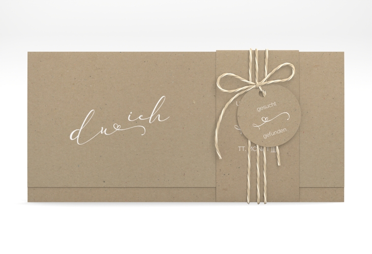 Hochzeitseinladung Zweisamkeit Wickelfalzkarte + Banderole Kraftpapier hochglanz im minimalistischen Stil mit Aufschrift du & ich