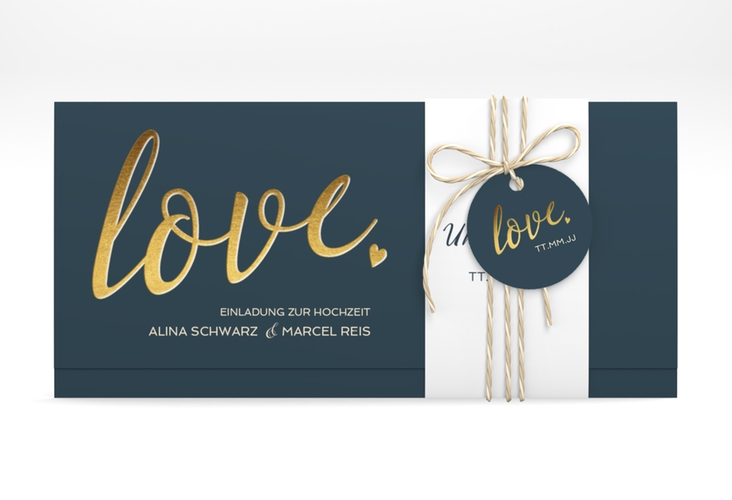 Hochzeitseinladung Glam Wickelfalzkarte + Banderole blau hochglanz
