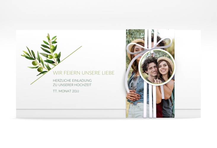 Hochzeitseinladung Olivenzweig Wickelfalzkarte + Banderole weiss