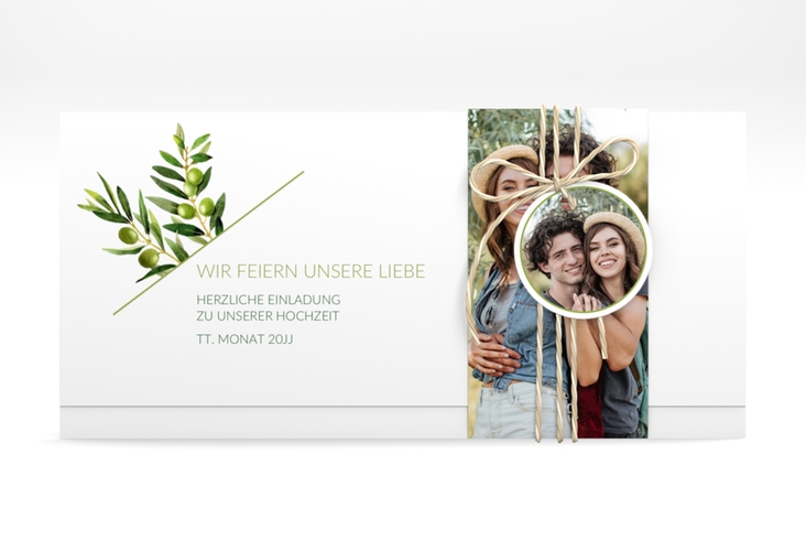 Hochzeitseinladung Olivenzweig Wickelfalzkarte + Banderole weiss