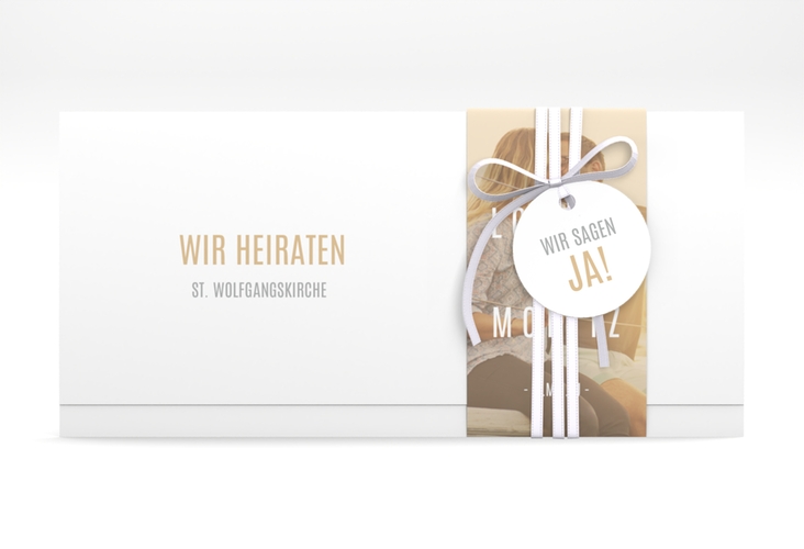 Hochzeitseinladung Memory Wickelfalzkarte + Banderole beige hochglanz