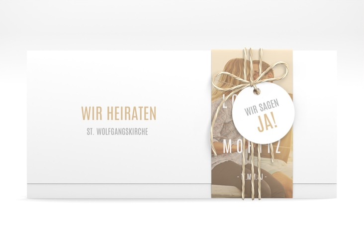 Hochzeitseinladung Memory Wickelfalzkarte + Banderole beige hochglanz