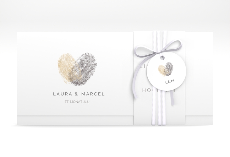 Hochzeitseinladung Fingerprint Wickelfalzkarte + Banderole beige schlicht mit Fingerabdruck-Motiv