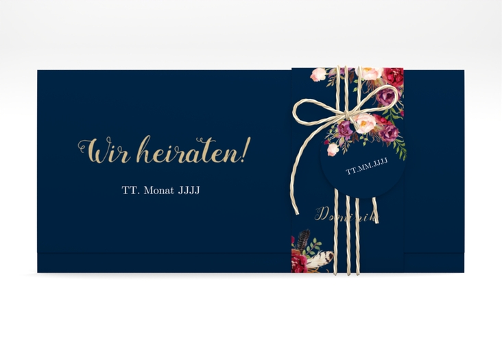 Hochzeitseinladung Flowers Wickelfalzkarte + Banderole blau hochglanz mit bunten Aquarell-Blumen