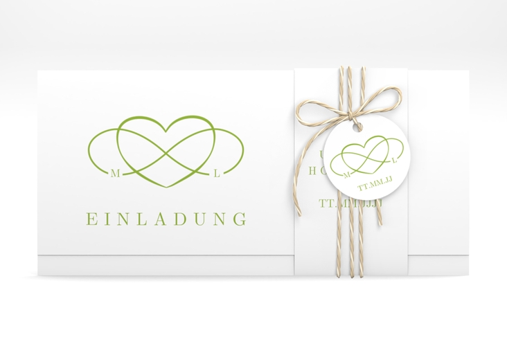 Hochzeitseinladung Infinity Wickelfalzkarte + Banderole gruen