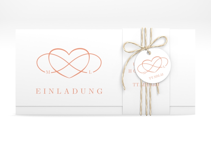 Hochzeitseinladung Infinity Wickelfalzkarte + Banderole apricot hochglanz