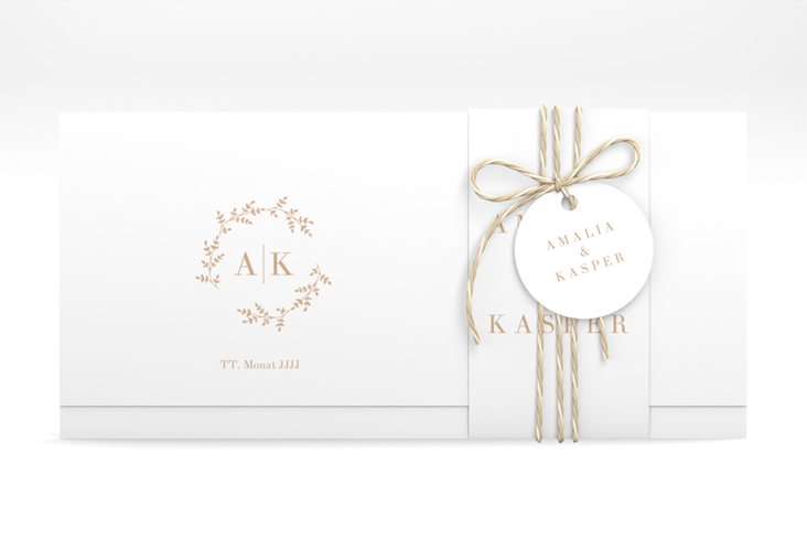 Hochzeitseinladung Filigrana Wickelfalzkarte + Banderole beige hochglanz in reduziertem Design mit Initialen und zartem Blätterkranz