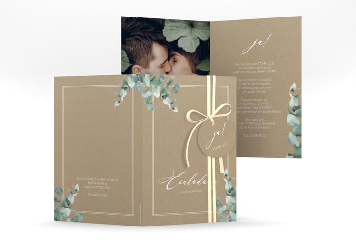 Einladungskarte Hochzeit Eucalypt A6 Klappkarte hoch Kraftpapier mit Eukalyptus und edlem Rahmen
