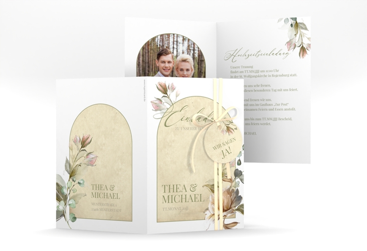 Einladungskarte Hochzeit Dornröschen A6 Klappkarte hoch weiss mit Aquarell-Rosen im Vintage-Look