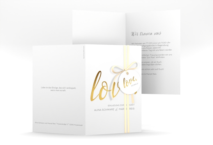 Einladungskarte Hochzeit Glam A6 Klappkarte hoch weiss hochglanz