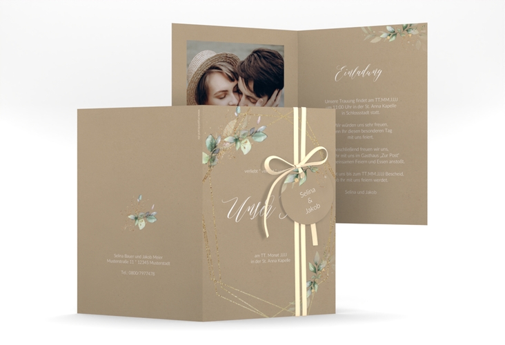 Hochzeitseinladung Greenish A6 Klappkarte hoch Kraftpapier hochglanz