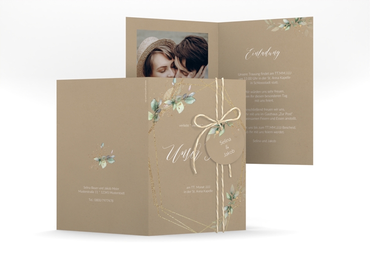 Hochzeitseinladung Greenish A6 Klappkarte hoch Kraftpapier hochglanz