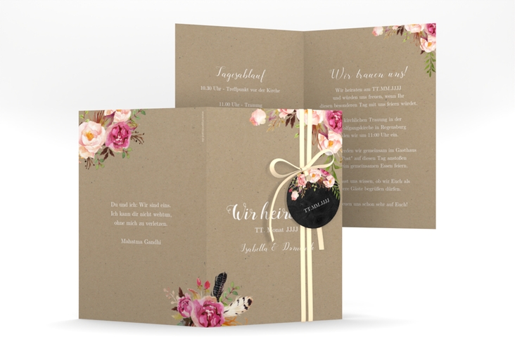 Einladungskarte Hochzeit Flowers A6 Klappkarte hoch Kraftpapier mit bunten Aquarell-Blumen