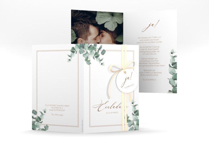 Einladungskarte Hochzeit Eucalypt A6 Klappkarte hoch hochglanz mit Eukalyptus und edlem Rahmen