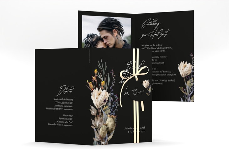 Einladungskarte Hochzeit Darkflower A6 Klappkarte hoch schwarz