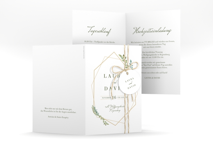 Einladungskarte Hochzeit Herbarium A6 Klappkarte hoch gold hochglanz mit geometrischem Rahmen und Blätter-Dekor