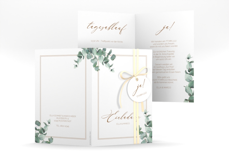 Einladungskarte Hochzeit Eucalypt A6 Klappkarte hoch weiss mit Eukalyptus und edlem Rahmen
