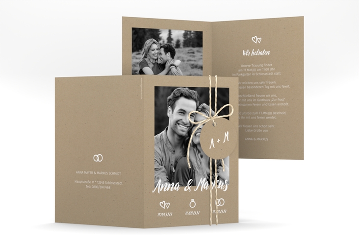 Einladungskarte Hochzeit Icons A6 Klappkarte hoch hochglanz im Kraftpapier-Look mit Foto