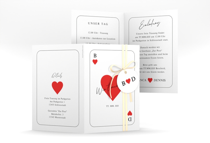 Einladungskarte Hochzeit Kartenspiel A6 Klappkarte hoch im Herz-Ass-Design eines Kartenspiels