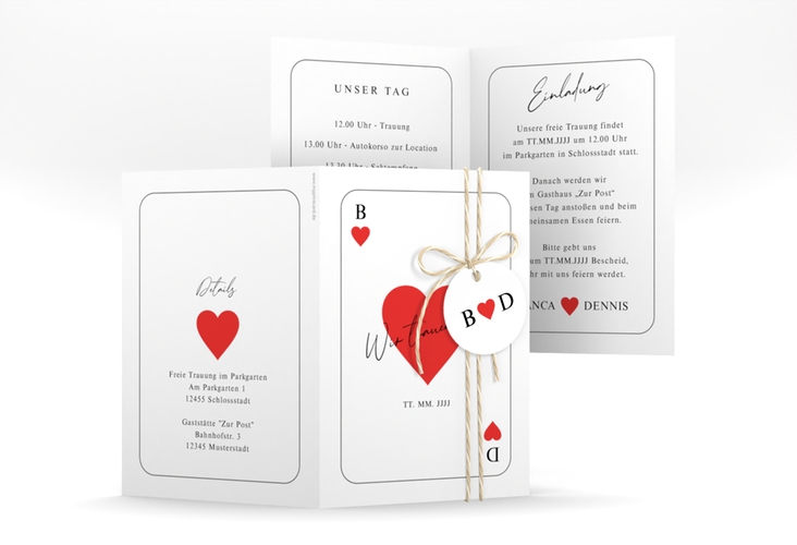 Einladungskarte Hochzeit Kartenspiel A6 Klappkarte hoch im Herz-Ass-Design eines Kartenspiels