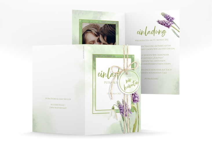 Einladungskarte Hochzeit Frühling A6 Klappkarte hoch mit Frühlingsblumen in Aquarell