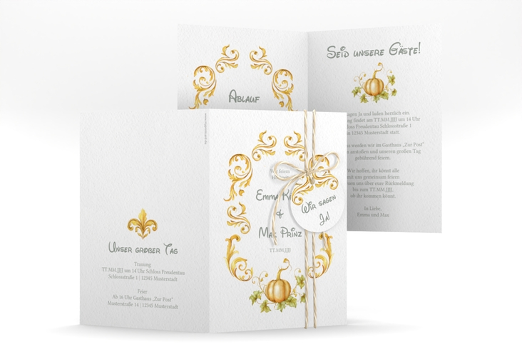 Einladungskarte Hochzeit Märchenhaft A6 Klappkarte hoch gold