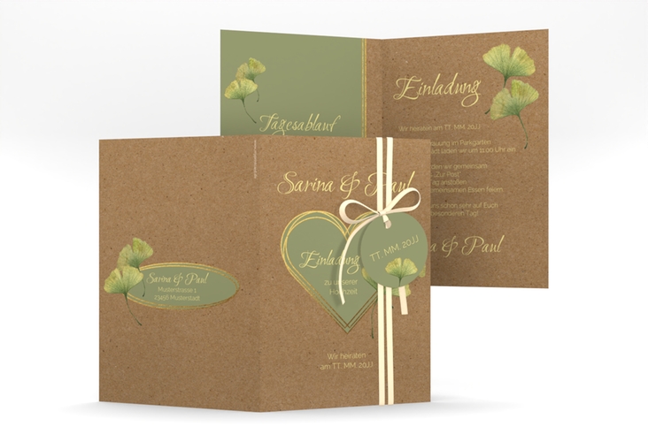 Einladungskarte Hochzeit Ginko A6 Klappkarte hoch mit Herz und zwei Ginkgo-Blättern