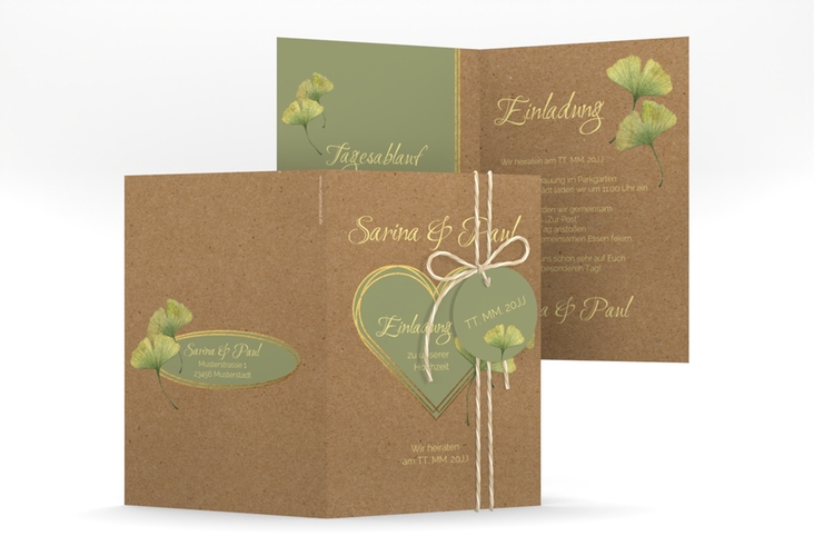 Einladungskarte Hochzeit Ginko A6 Klappkarte hoch mit Herz und zwei Ginkgo-Blättern