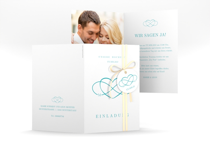 Einladungskarte Hochzeit Infinity A6 Klappkarte hoch tuerkis hochglanz