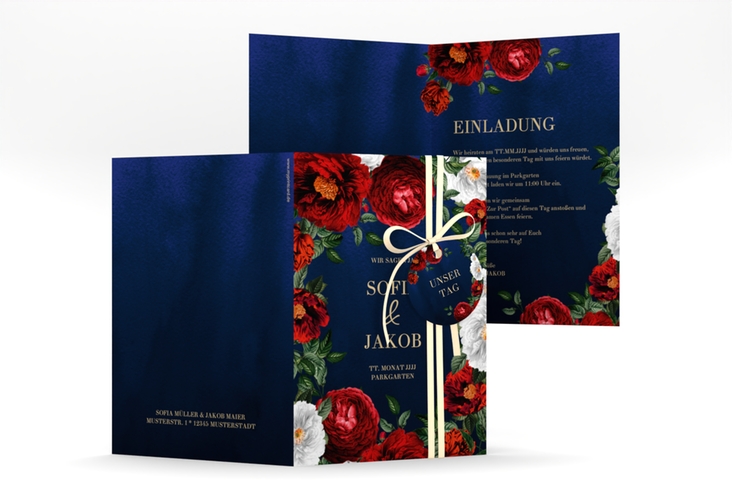 Einladungskarte Hochzeit Florista A6 Klappkarte hoch blau hochglanz