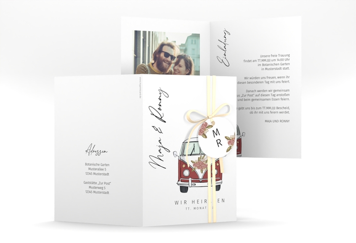 Einladungskarte Hochzeit Hochzeitsbulli A6 Klappkarte hoch rot mit Gräsern und Trockenblumen für Boho-Hochzeit