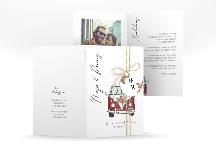 Einladungskarte Hochzeit Hochzeitsbulli A6 Klappkarte hoch rot mit Gräsern und Trockenblumen für Boho-Hochzeit