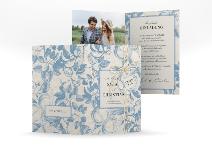 Einladungskarte Hochzeit Toile A6 Klappkarte hoch blau mit Blättermuster im Toile-de-Jouy-Stil