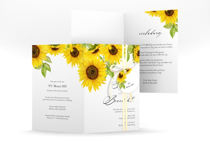 Einladungskarte Hochzeit Sonnenblume A6 Klappkarte hoch weiss mit Blüten in Gelb