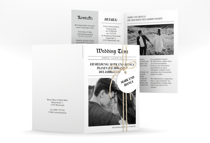 Einladungskarte Hochzeit Wedding Time A6 Klappkarte hoch im Stil einer Zeitung
