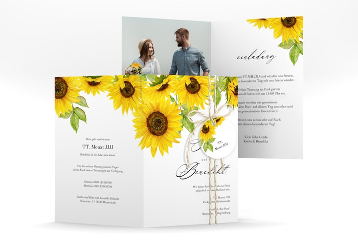 Einladungskarte Hochzeit Sonnenblume A6 Klappkarte hoch weiss