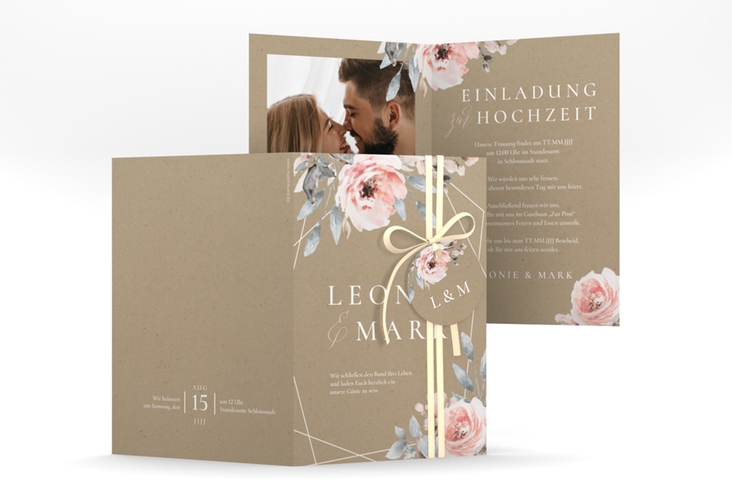 Einladungskarte Hochzeit Perfection A6 Klappkarte hoch Kraftpapier hochglanz mit rosa Rosen