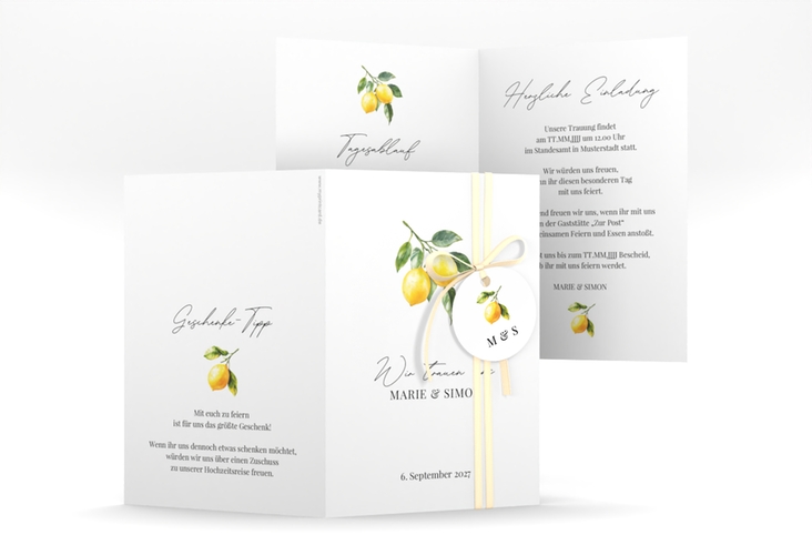 Einladungskarte Hochzeit Zitronen A6 Klappkarte hoch weiss für mediterrane Zitrushochzeit