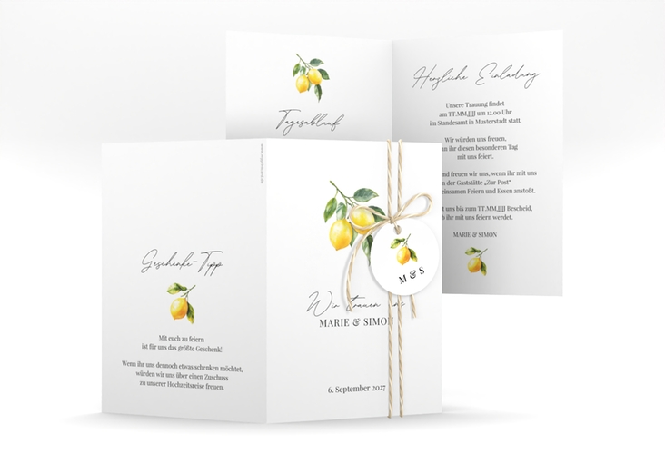 Einladungskarte Hochzeit Zitronen A6 Klappkarte hoch für mediterrane Zitrushochzeit