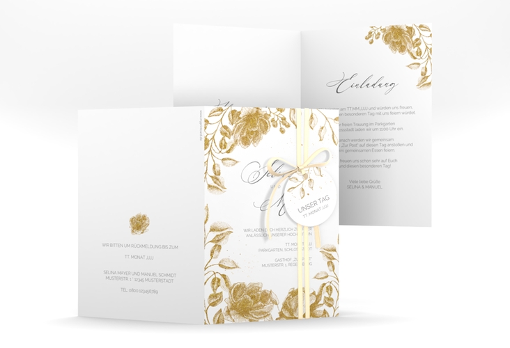 Einladungskarte Hochzeit Blattgold A6 Klappkarte hoch gold
