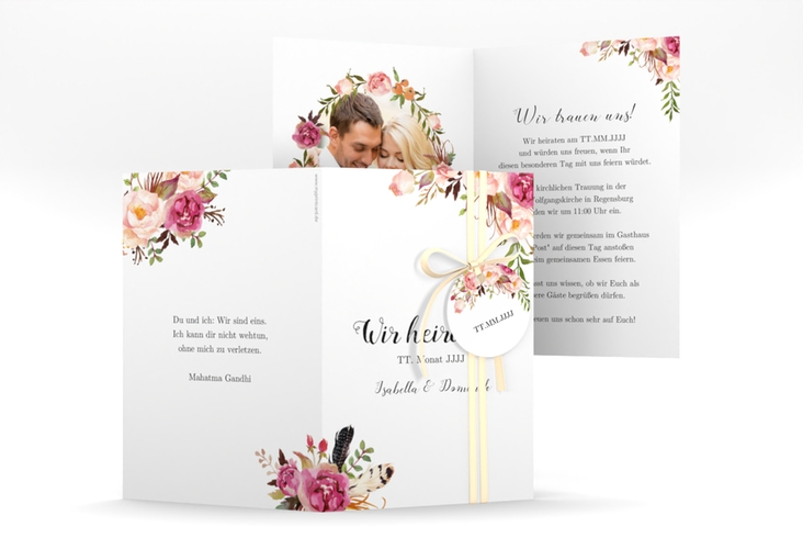 Einladungskarte Hochzeit Flowers A6 Klappkarte hoch weiss mit bunten Aquarell-Blumen