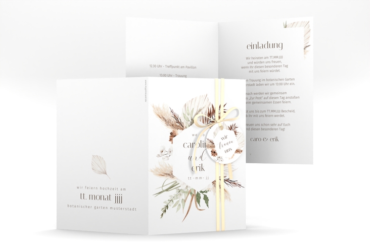 Einladungskarte Hochzeit Bohemian A6 Klappkarte hoch weiss mit Gräsern und Trockenblumen für Boho-Hochzeit