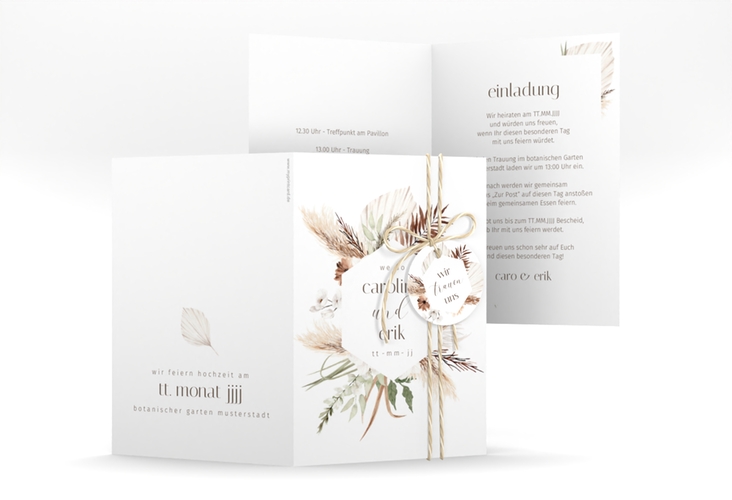 Einladungskarte Hochzeit Bohemian A6 Klappkarte hoch weiss mit Gräsern und Trockenblumen für Boho-Hochzeit