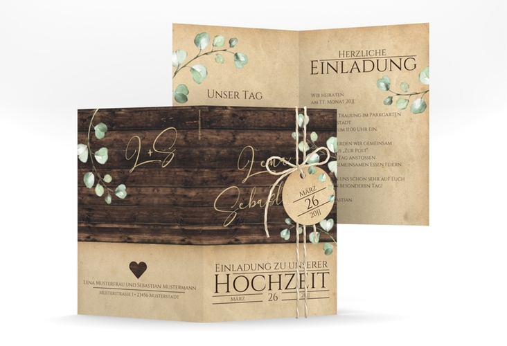 Einladungskarte Hochzeit Landhaus A6 Klappkarte hoch braun in Holz-Optik mit Eukalyptus